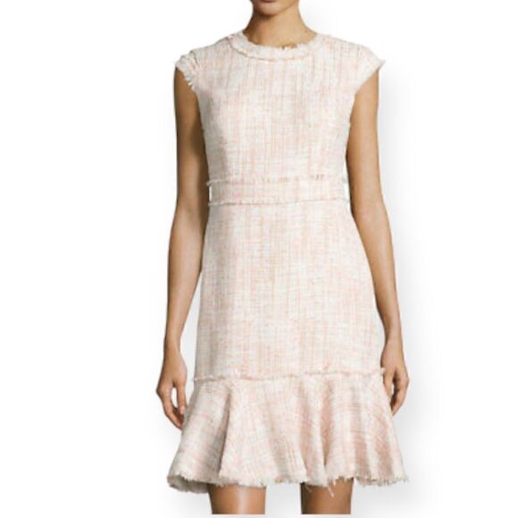 NANETTE LEPORE PASTEL TWEED FRAYED EDGE FLOUNCE DRESS PINK COPPER THREAD SIZE 16 - Picture 1 of 16